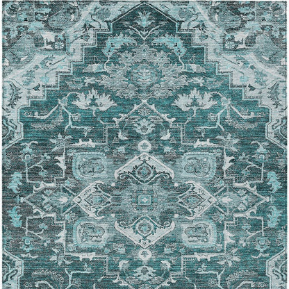 8' X 10' Teal Blue Gray And Charcoal Oriental Washable Indoor Outdoor Area Rug HomeRoots