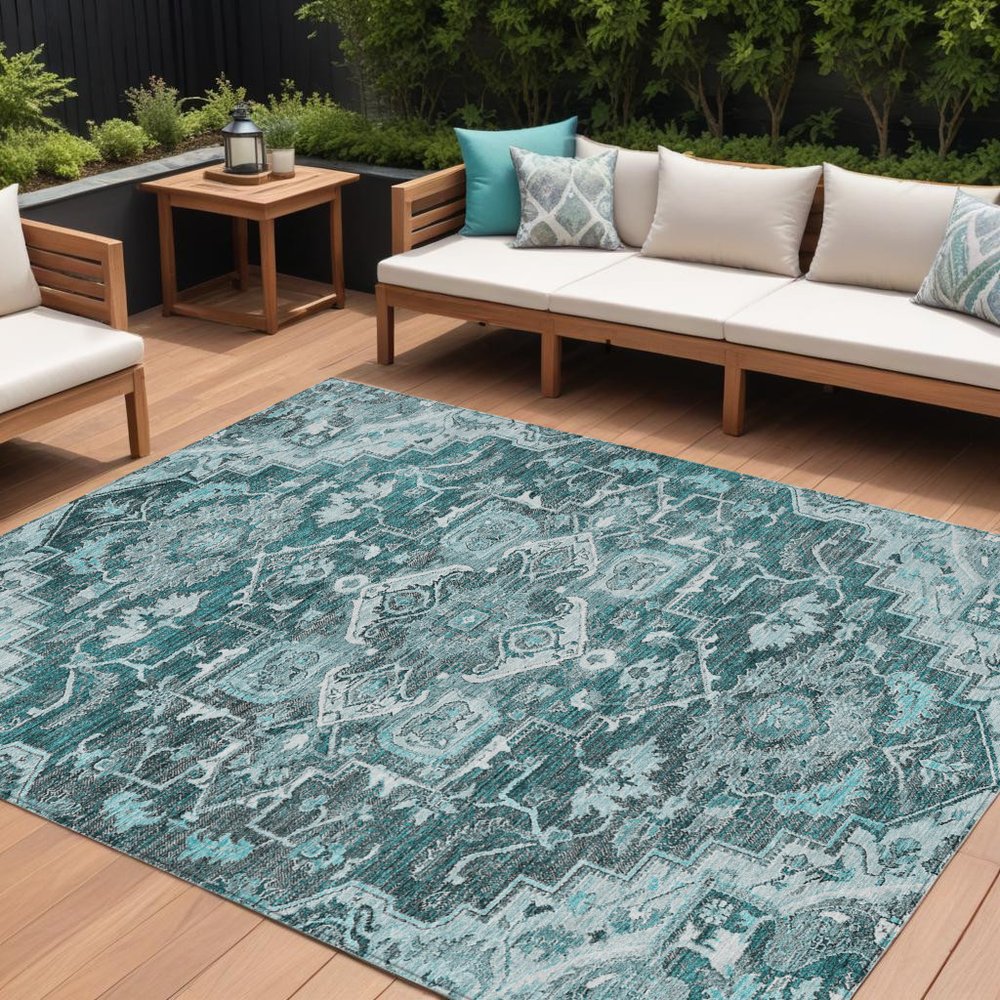 8' X 10' Teal Blue Gray And Charcoal Oriental Washable Indoor Outdoor Area Rug HomeRoots