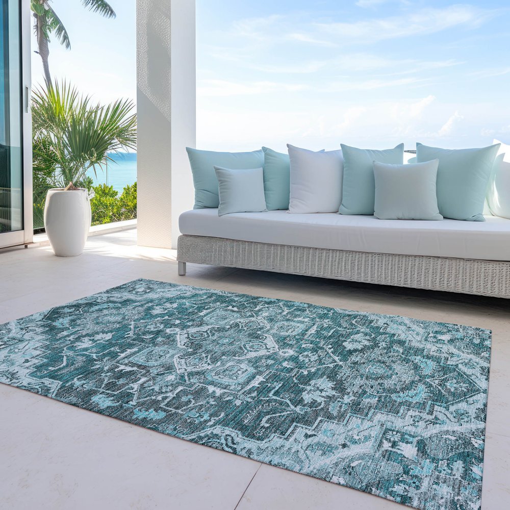 8' X 10' Teal Blue Gray And Charcoal Oriental Washable Indoor Outdoor Area Rug — view 42