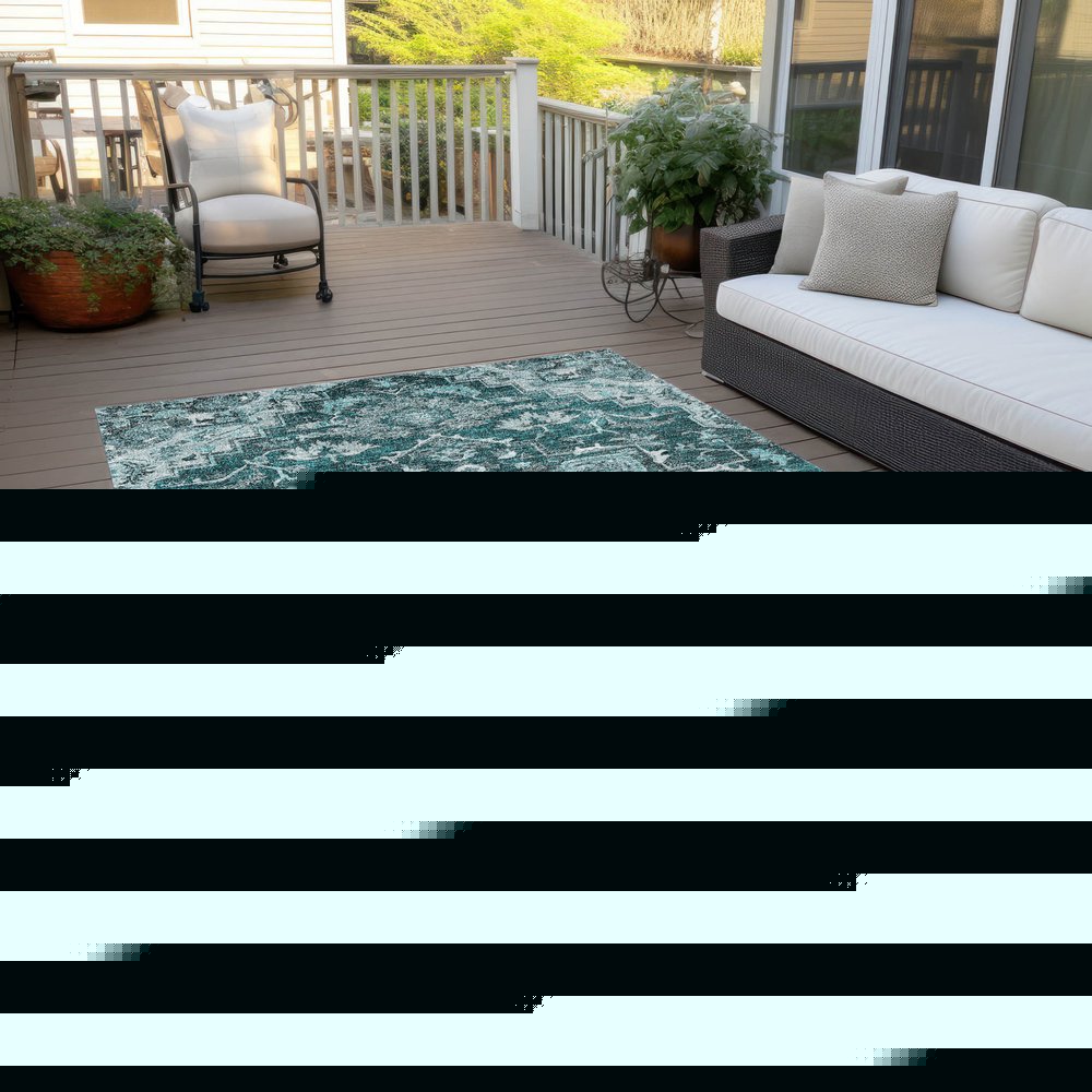 8' X 10' Teal Blue Gray And Charcoal Oriental Washable Indoor Outdoor Area Rug — view 45