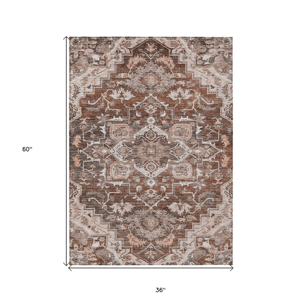 3' X 5' Terra Cotta Brown And Copper Oriental Washable Indoor Outdoor Area Rug — view 7