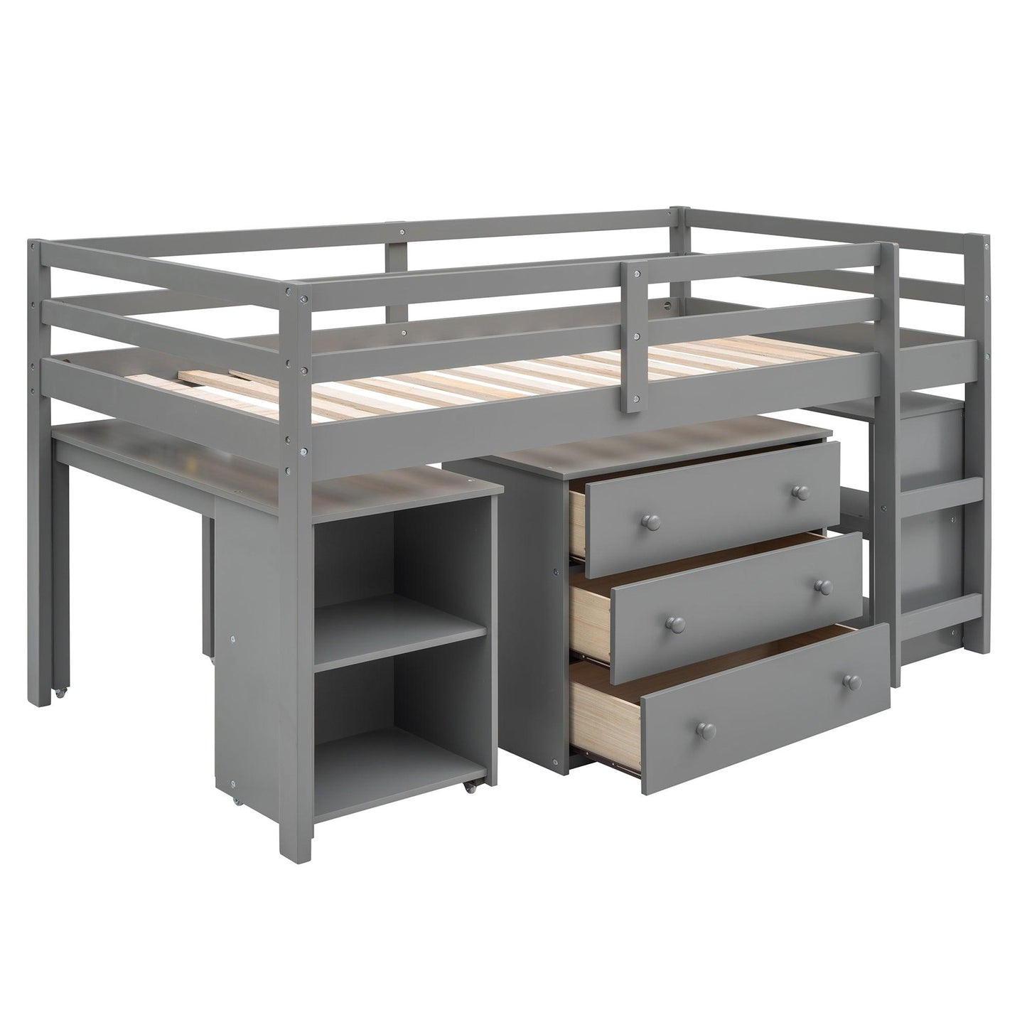 Low Study Twin Loft Bed with Cabinet and Rolling Portable Desk - Gray - FurniFindUSA