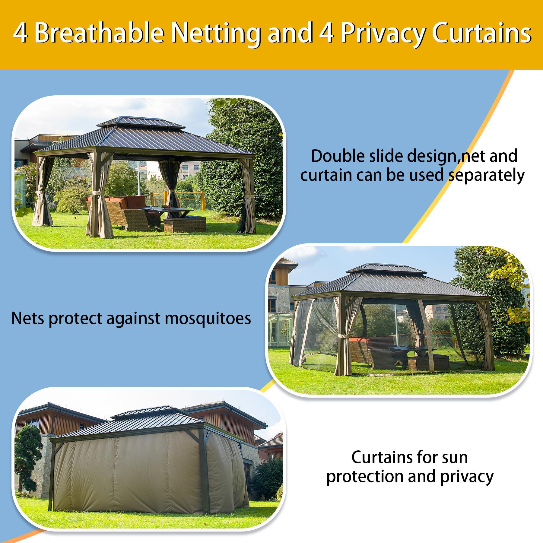 Domi Hardtop Gazebo Outdoor Aluminum Roof Canopy With Mosquito Netting and Curtains - FurniFindUSA