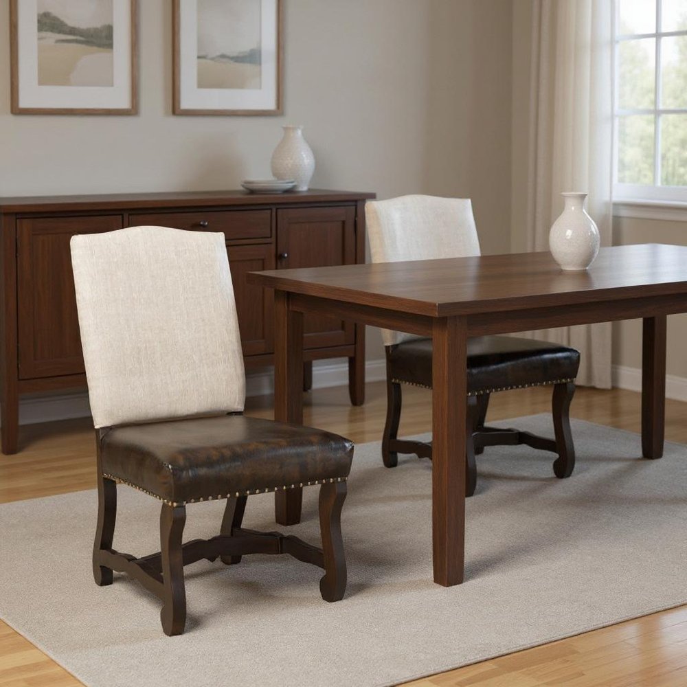 Set of Two Cream and Dark Brown Wood Leather And Linen Dining Side Chairs HomeRoots
