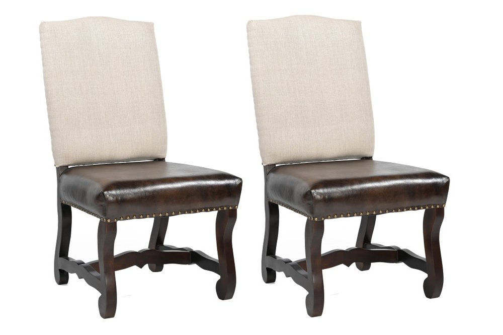 Set of Two Cream and Dark Brown Wood Leather And Linen Dining Side Chairs HomeRoots