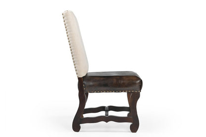 Set of Two Cream and Dark Brown Wood Leather And Linen Dining Side Chairs HomeRoots
