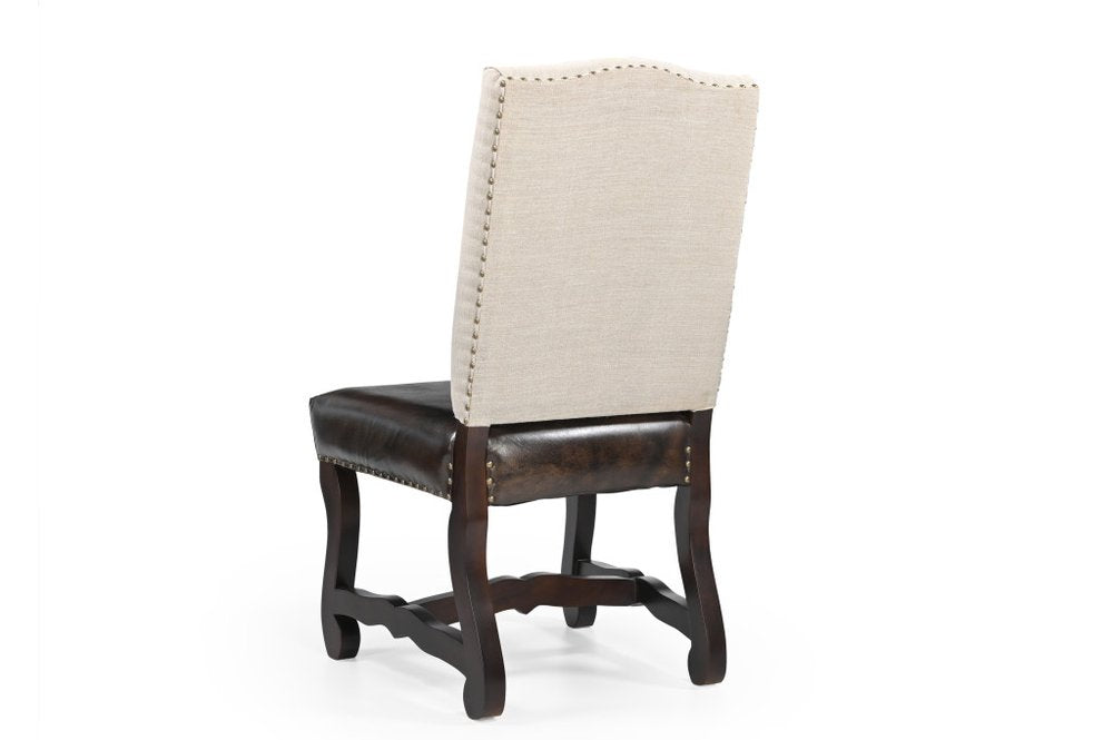 Set of Two Cream and Dark Brown Wood Leather And Linen Dining Side Chairs HomeRoots