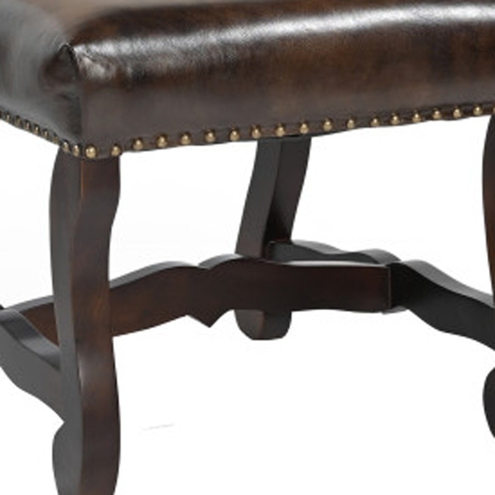 Set of Two Cream and Dark Brown Wood Leather And Linen Dining Side Chairs HomeRoots