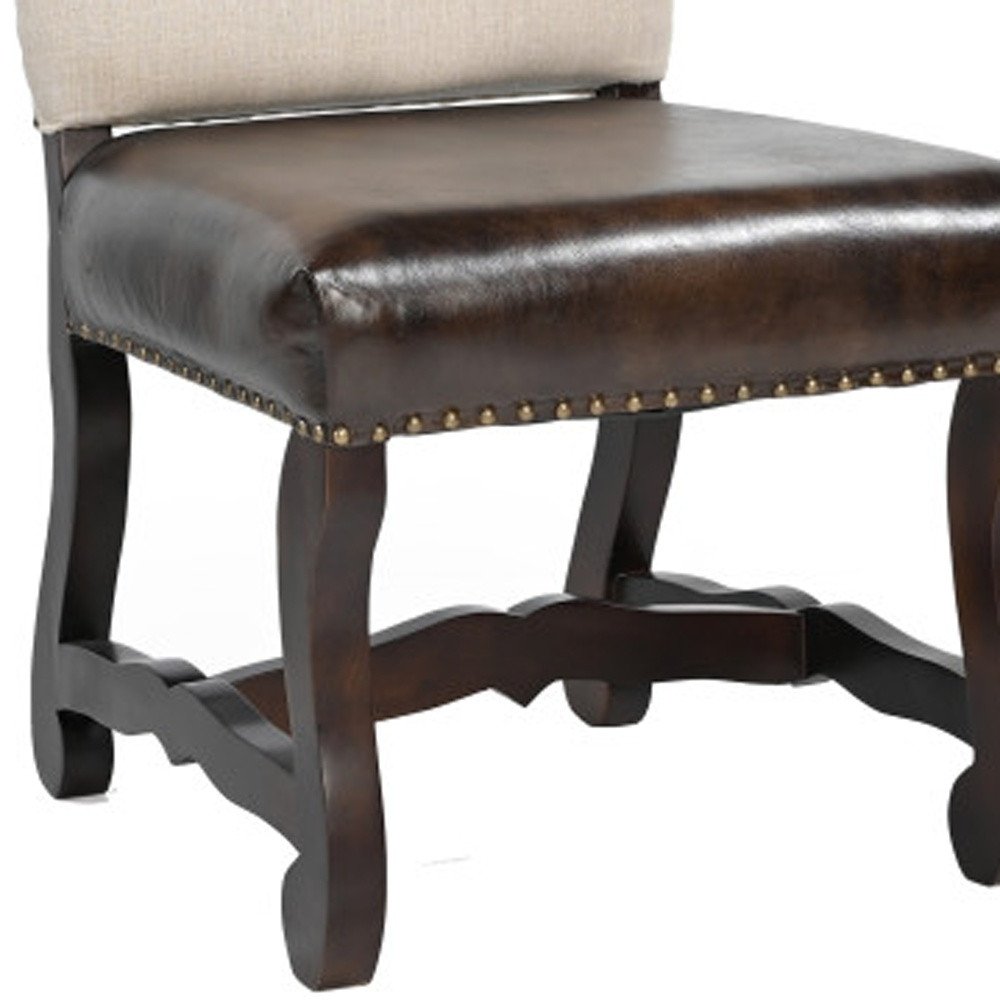 Set of Two Cream and Dark Brown Wood Leather And Linen Dining Side Chairs HomeRoots