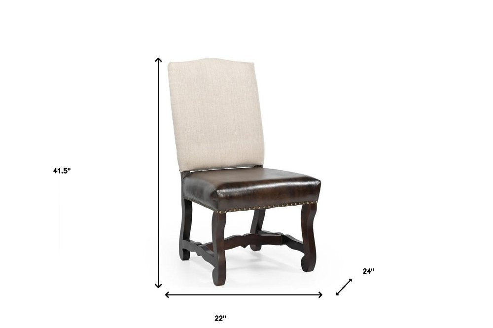 Set of Two Cream and Dark Brown Wood Leather And Linen Dining Side Chairs HomeRoots