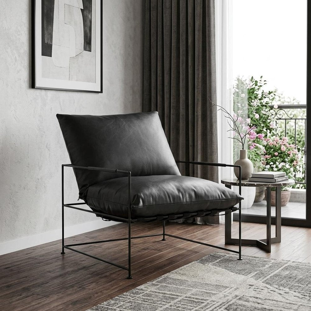 28" Black Genuine Leather Distressed Arm Chair HomeRoots