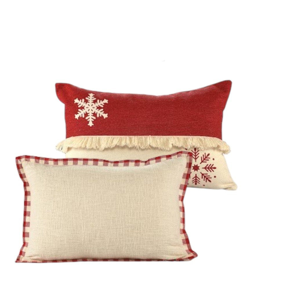 Set of Two Ivory And Red Lumbar Christmas Plaid Cotton Throw Pillow Covers with Fringe — view 8