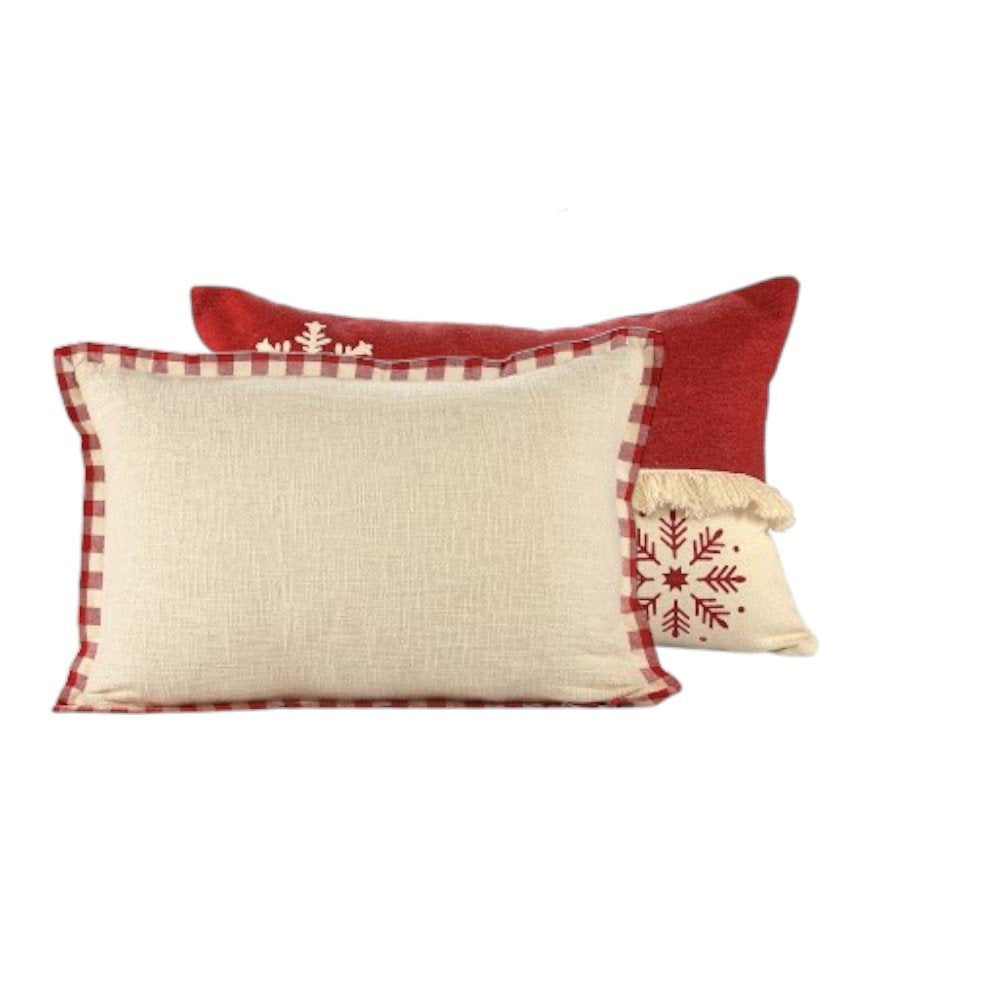 Set of Two Ivory And Red Lumbar Christmas Plaid Cotton Throw Pillow Covers with Fringe — view 9