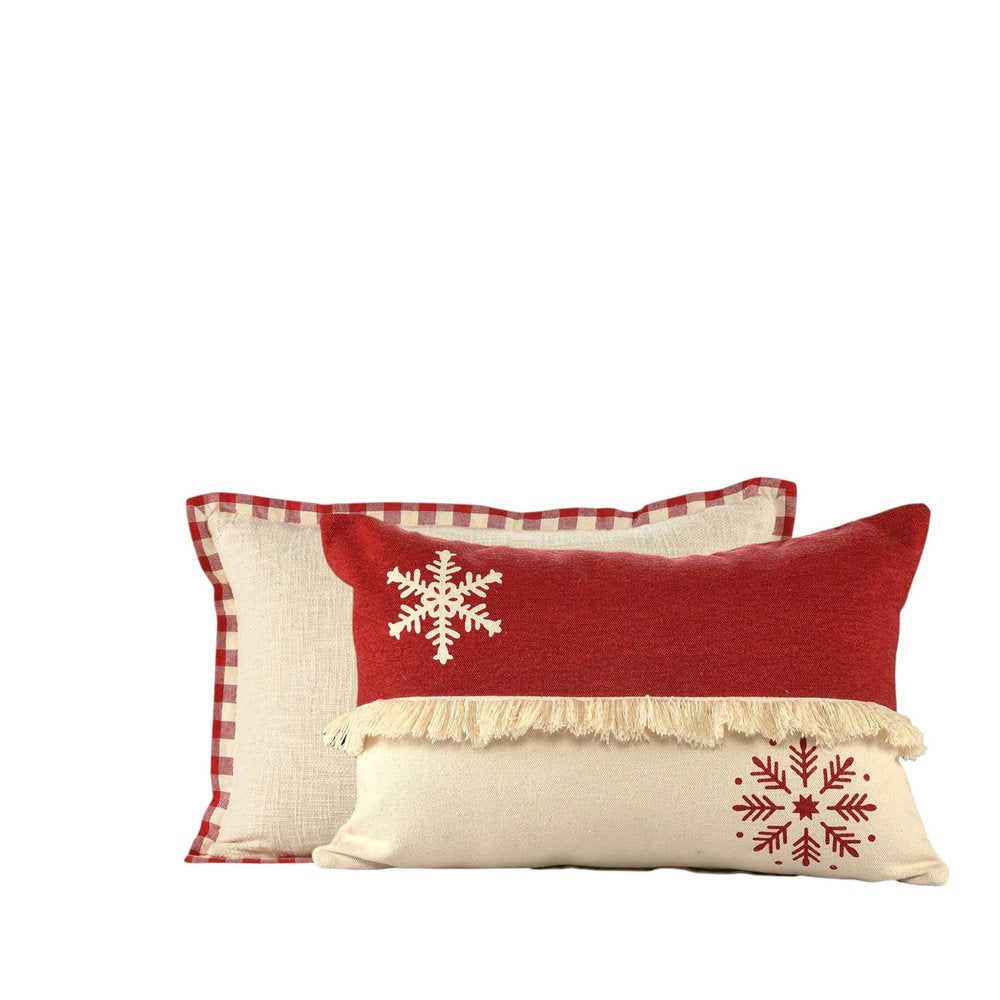 Set of Two Ivory And Red Lumbar Christmas Plaid Cotton Throw Pillow Covers with Fringe — view 10