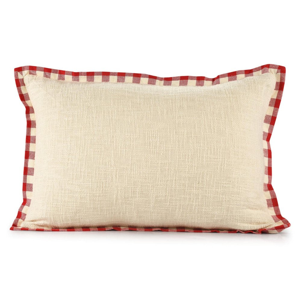 Set of Two Ivory And Red Lumbar Christmas Plaid Cotton Throw Pillow Covers with Fringe — view 1