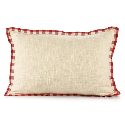 Set of Two Ivory And Red Lumbar Christmas Plaid Cotton Throw Pillow Covers with Fringe