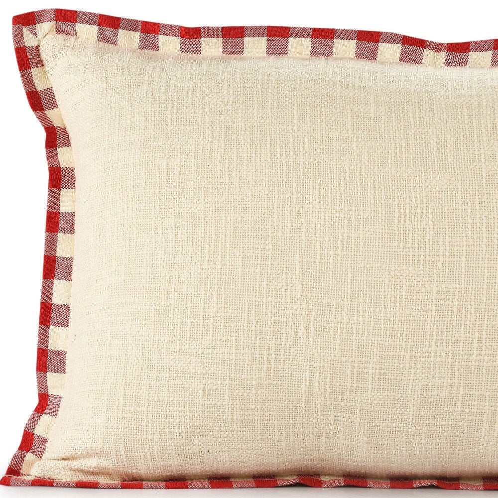 Set of Two Ivory And Red Lumbar Christmas Plaid Cotton Throw Pillow Covers with Fringe — view 3
