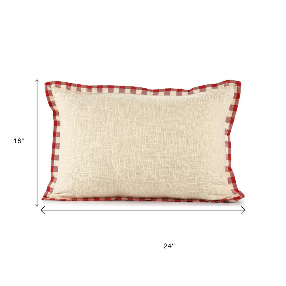 Set of Two Ivory And Red Lumbar Christmas Plaid Cotton Throw Pillow Covers with Fringe — view 5