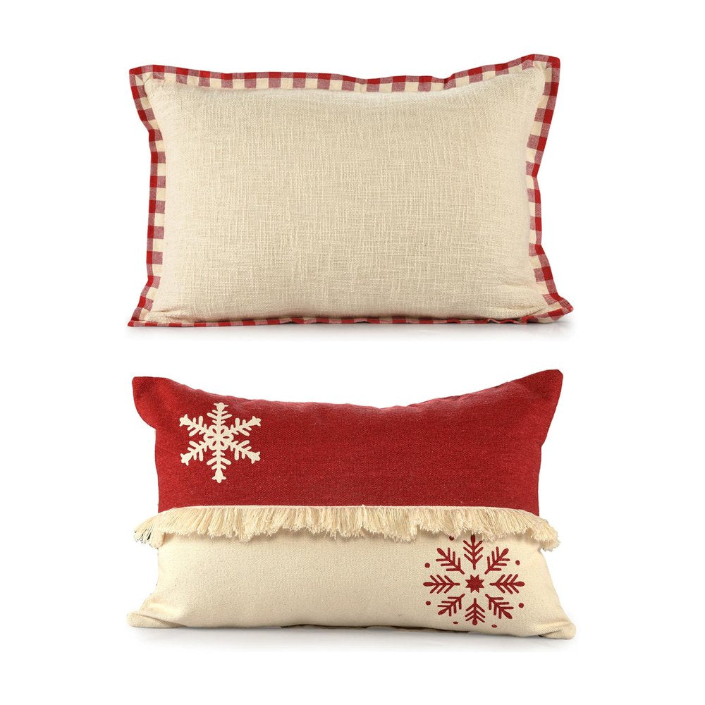 Set of Two Ivory And Red Lumbar Christmas Plaid Cotton Throw Pillow Covers with Fringe — view 6
