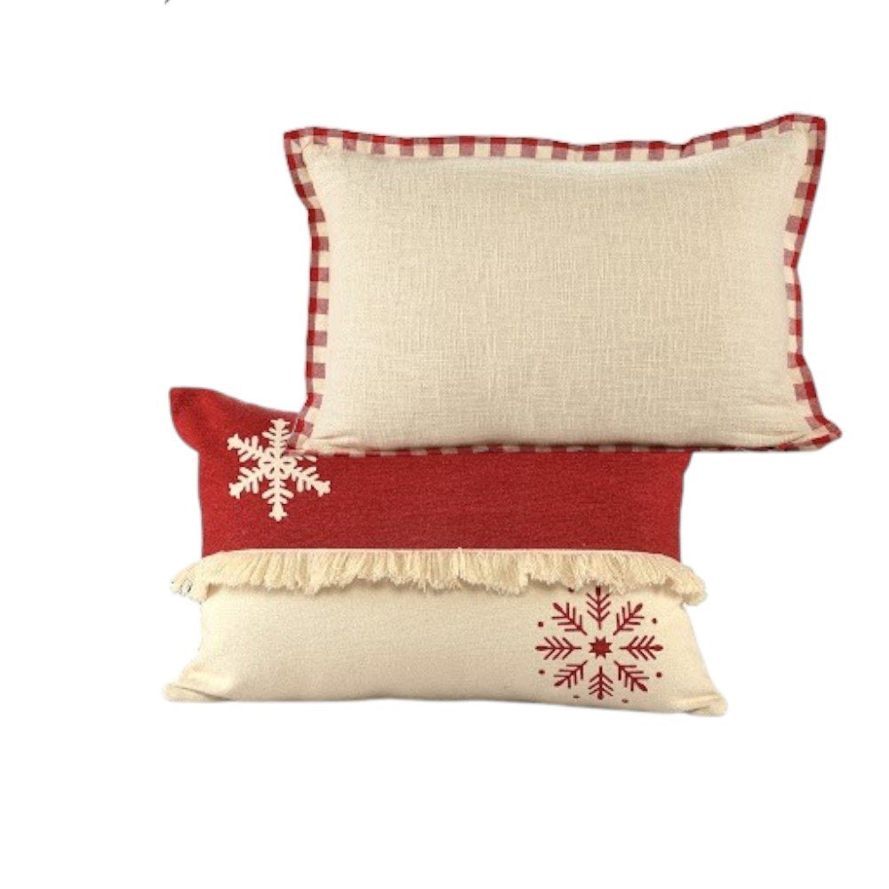 Set of Two Ivory And Red Lumbar Christmas Plaid Cotton Throw Pillow Covers with Fringe — view 7
