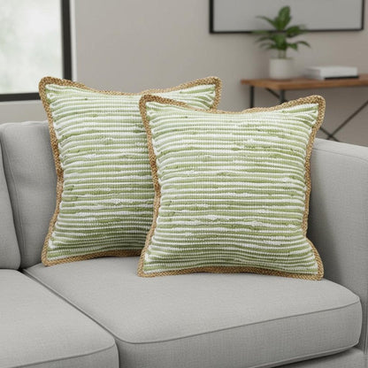 Set of Two 20" Green Beach Striped Cotton Blend Throw Pillows