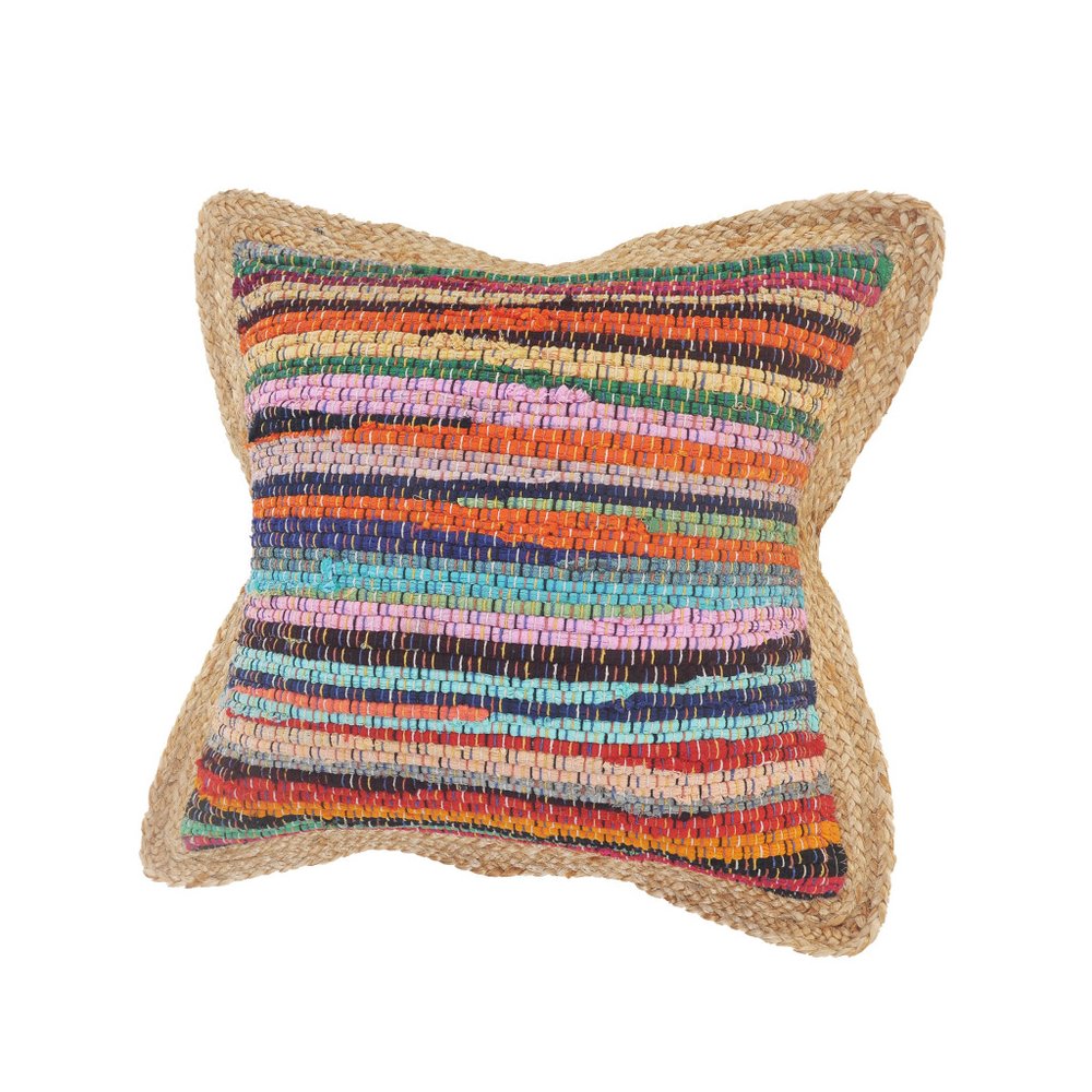 Set of Two 20" Blue Red And Natural Striped Cotton And Jute Throw Pillows