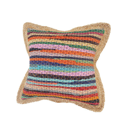 Set of Two 20" Blue Red And Natural Striped Cotton And Jute Throw Pillows