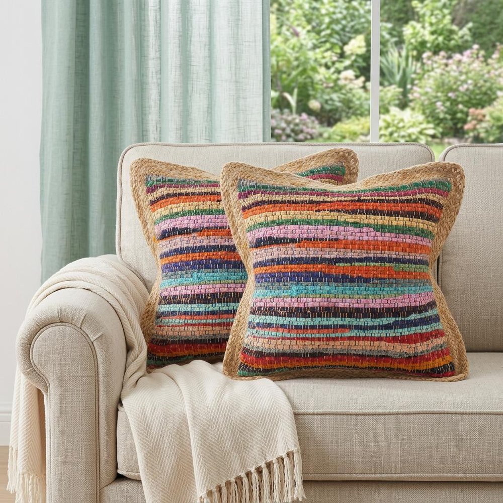 Set of Two 20" Blue Red And Natural Striped Cotton And Jute Throw Pillows — view 6