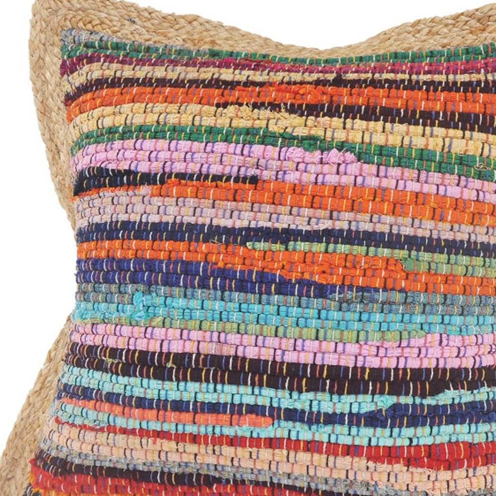 Set of Two 20" Blue Red And Natural Striped Cotton And Jute Throw Pillows — view 2