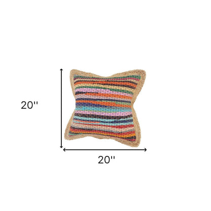 Set of Two 20" Blue Red And Natural Striped Cotton And Jute Throw Pillows