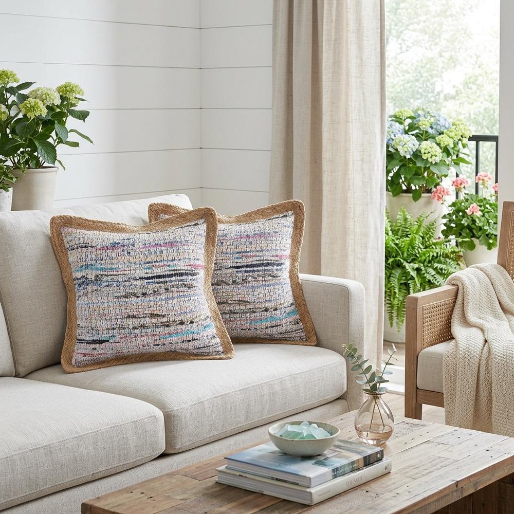 Set of Two 20" Aqua Ivory And Natural Striped Cotton And Jute Throw Pillows with Texture — view 6