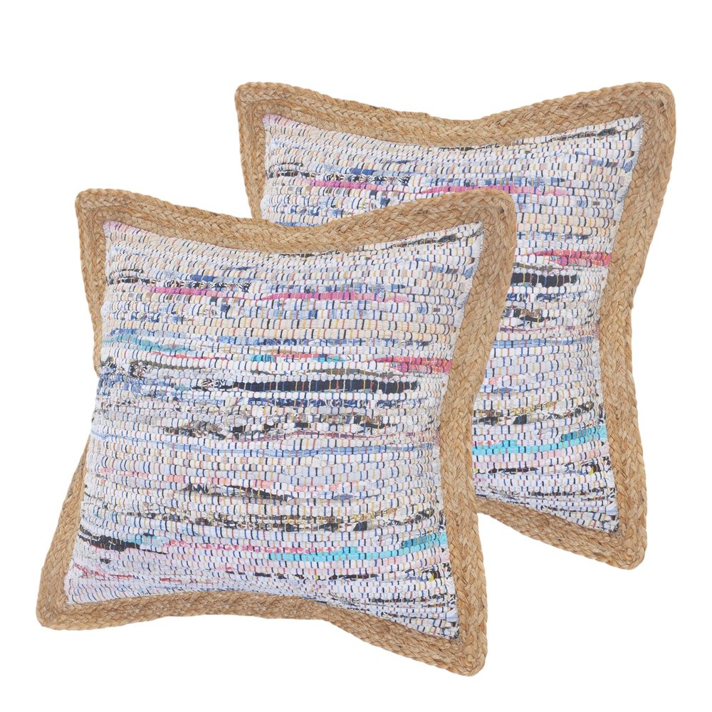 Set of Two 20" Aqua Ivory And Natural Striped Cotton And Jute Throw Pillows with Texture — view 5