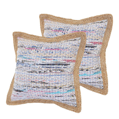 Set of Two 20" Aqua Ivory And Natural Striped Cotton And Jute Throw Pillows with Texture