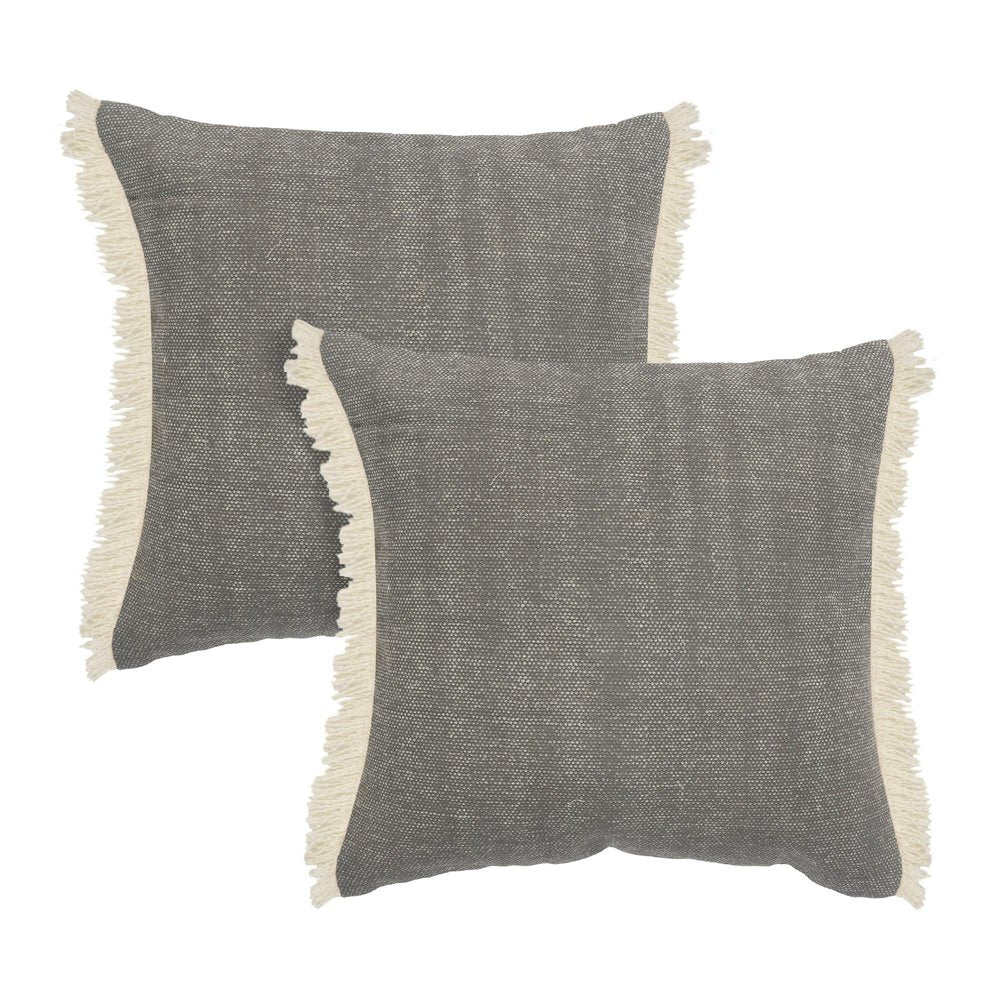 Set of Two 20" Gray And Off White Cotton Throw Pillows with Fringe — view 1