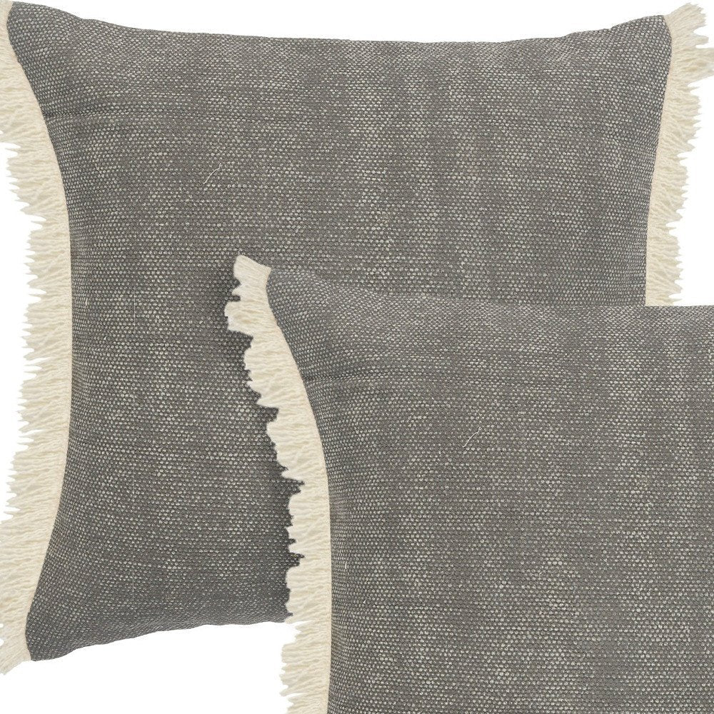 Set of Two 20" Gray And Off White Cotton Throw Pillows with Fringe — view 2