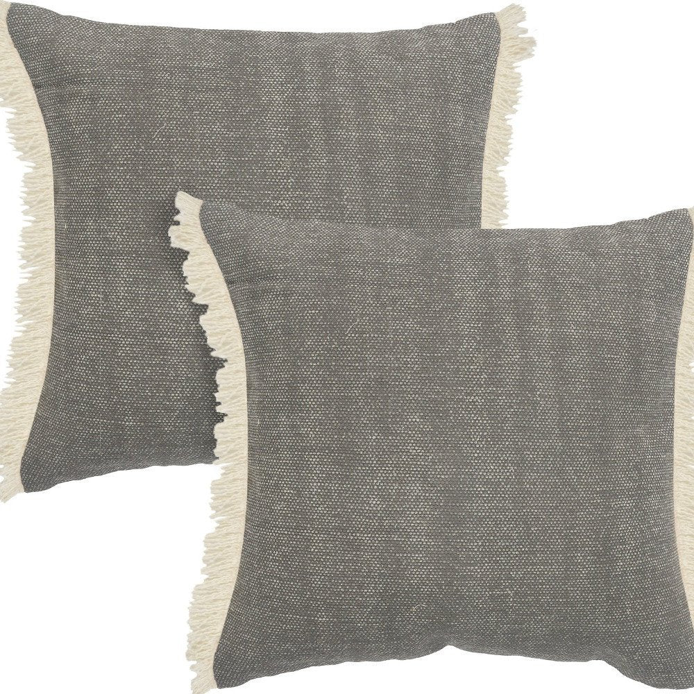 Set of Two 20" Gray And Off White Cotton Throw Pillows with Fringe — view 3