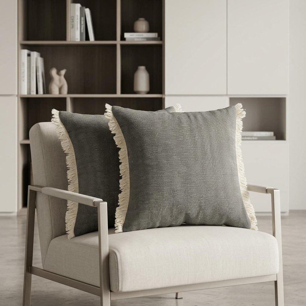 Set of Two 20" Gray And Off White Cotton Throw Pillows with Fringe — view 4