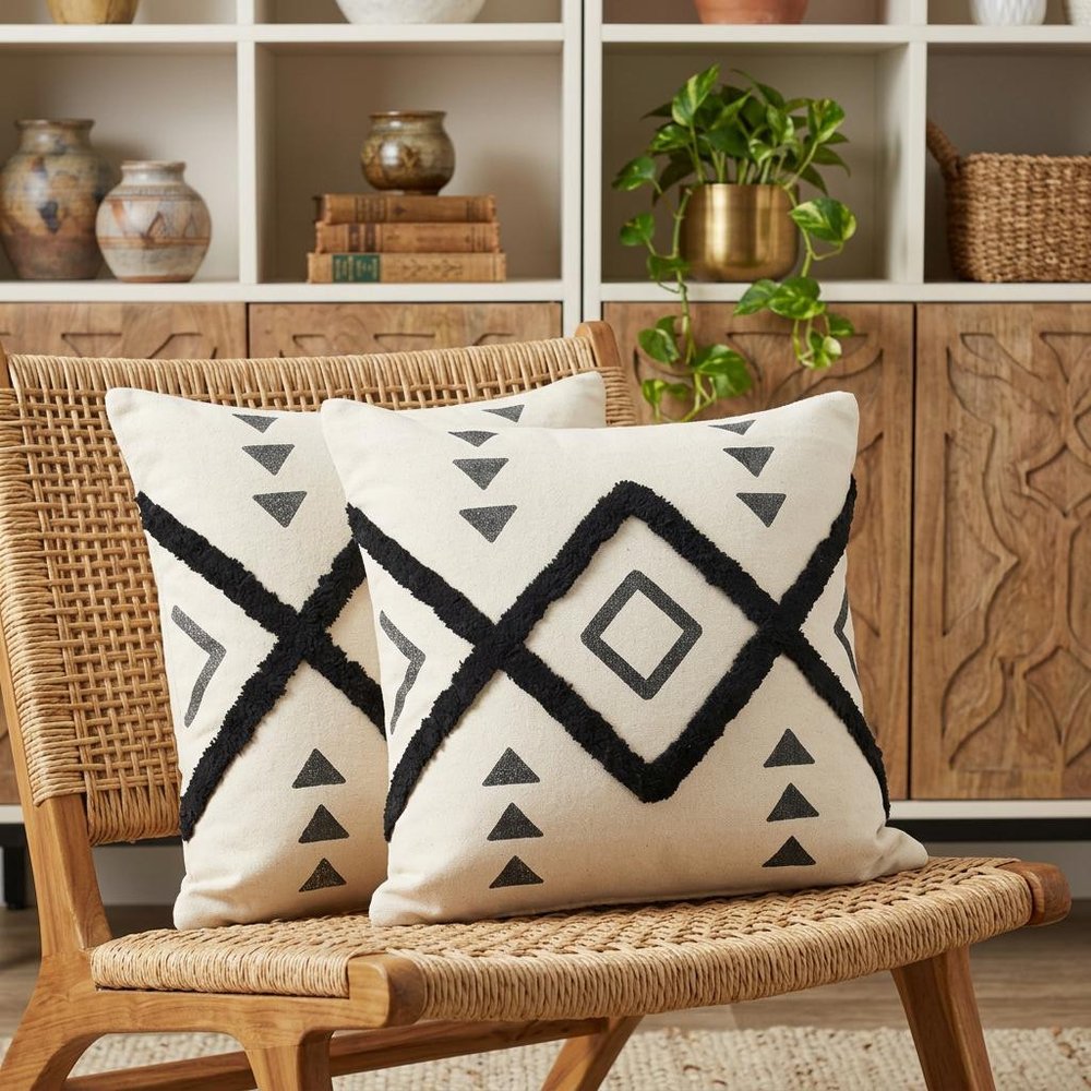 Set of Two 20" Natural And Black Geometric Cotton Throw Pillows with Texture — view 8