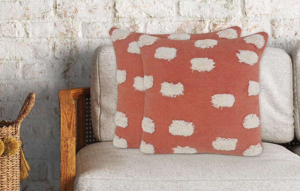 Set of Two 20" Orange And Natural And Orange Polka Dot Cotton Throw Pillows with Pompoms — view 1