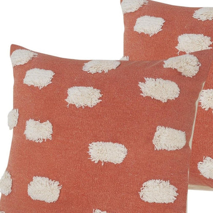 Set of Two 20" Orange And Natural And Orange Polka Dot Cotton Throw Pillows with Pompoms