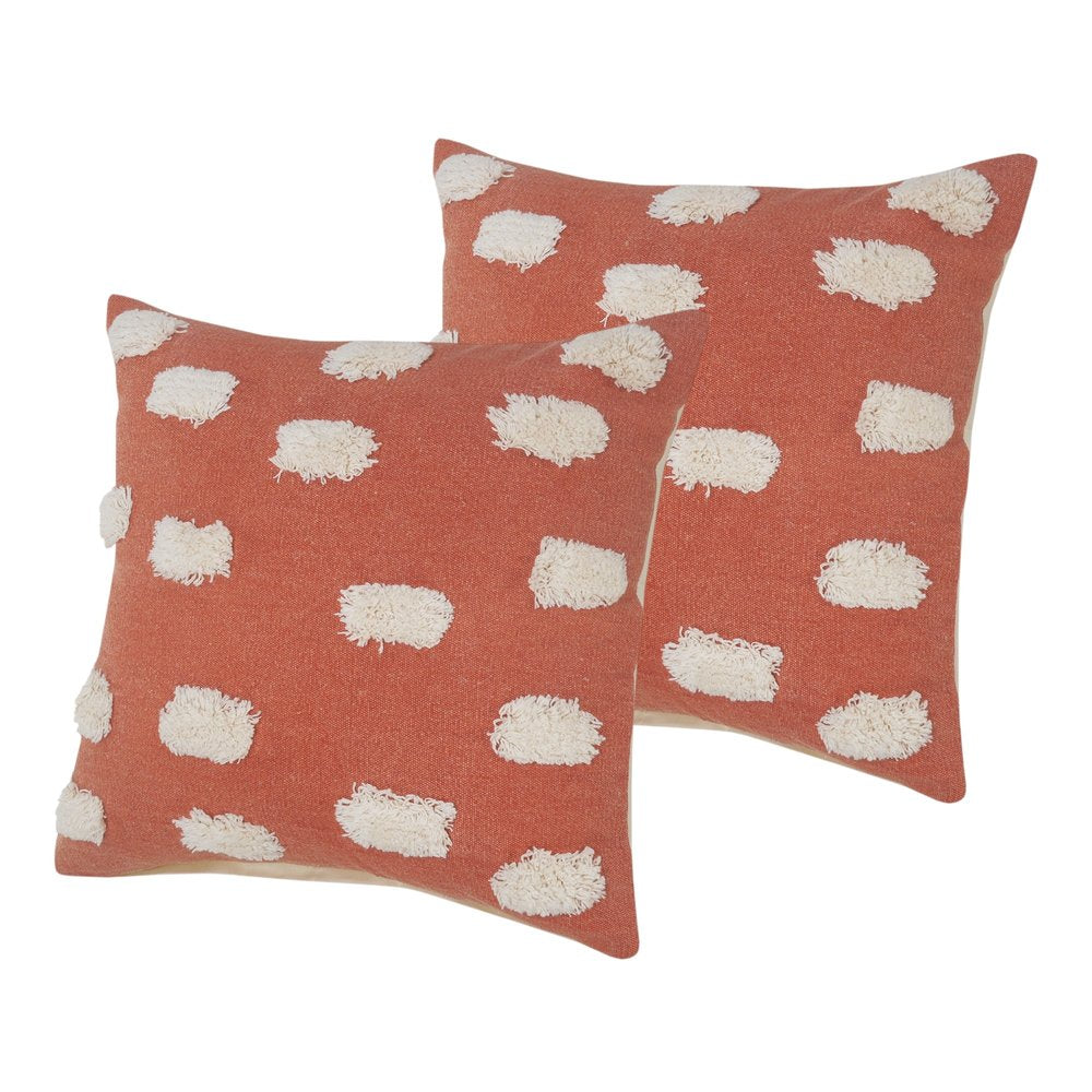 Set of Two 20" Orange And Natural And Orange Polka Dot Cotton Throw Pillows with Pompoms — view 6