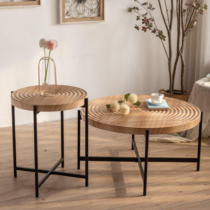 Modern Thread Design Round Coffee Table MDF Table Top with Cross Legs Metal Base(Set of 2 pcs ) - FurniFindUSA