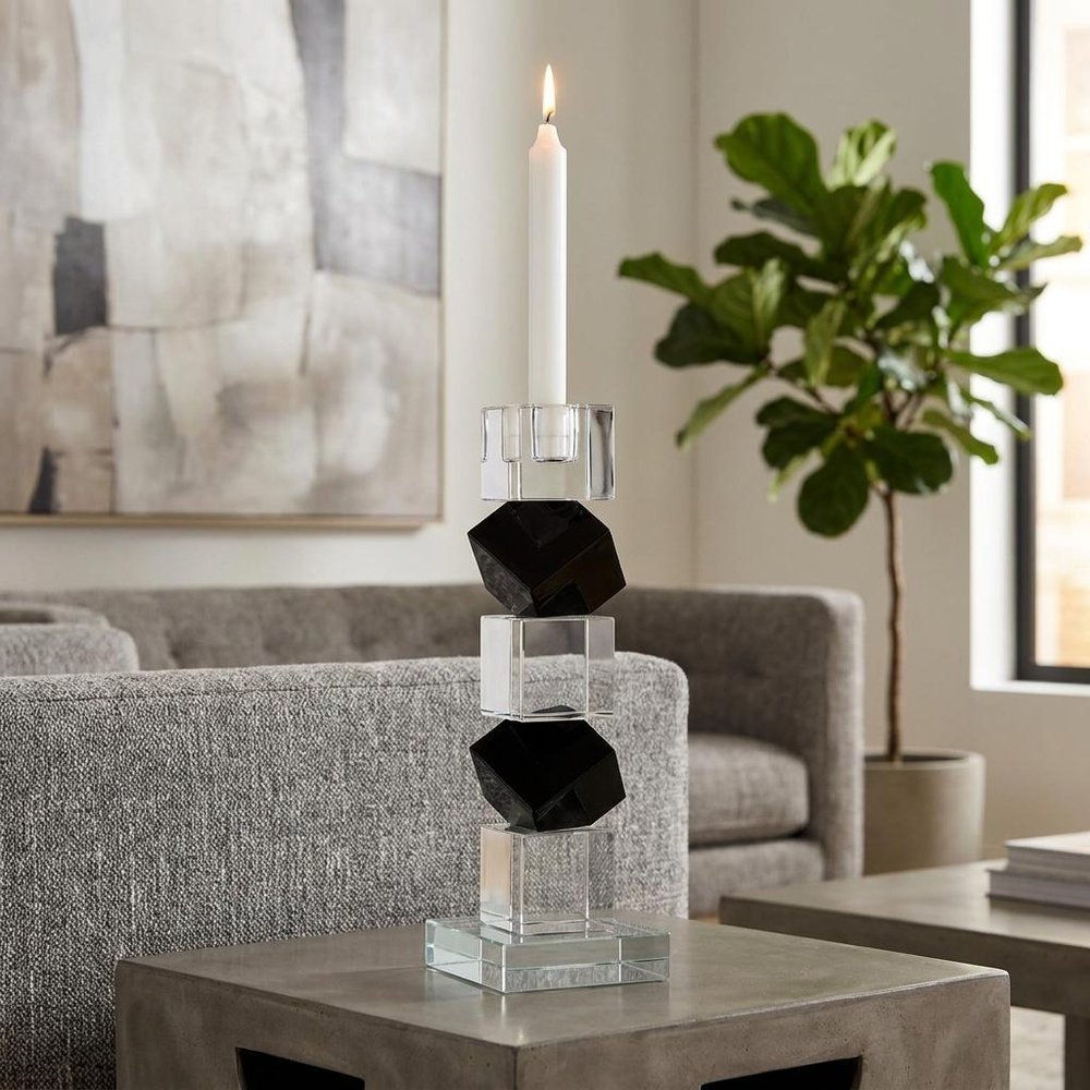 Set of Two Black And Clear Crystal Tabletop Taper Candlesticks HomeRoots