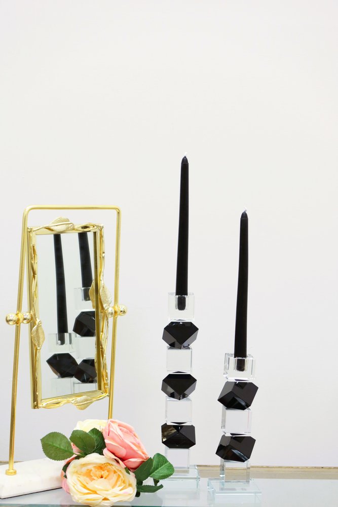 Set of Two Black And Clear Crystal Tabletop Taper Candlesticks HomeRoots