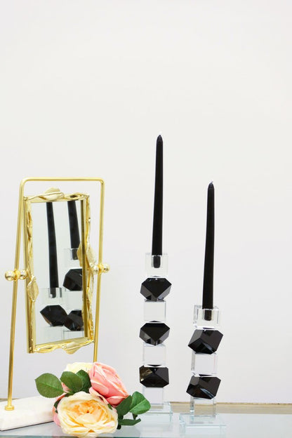 Set of Two Black And Clear Crystal Tabletop Taper Candlesticks HomeRoots