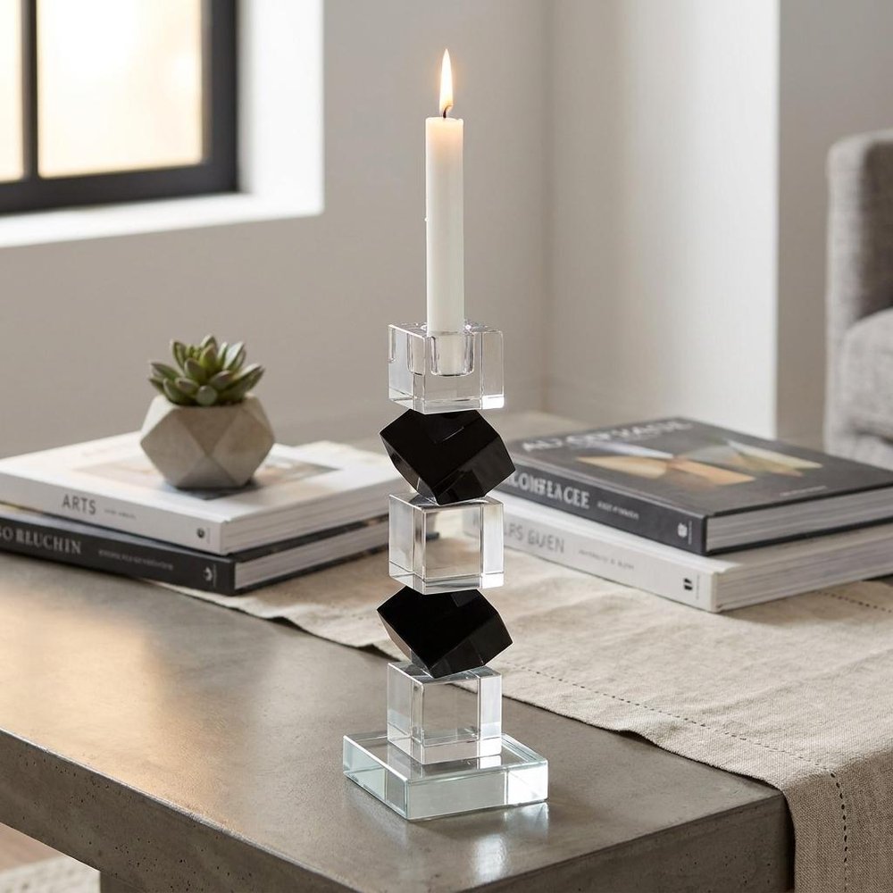 Set of Two Black And Clear Crystal Tabletop Taper Candlesticks HomeRoots