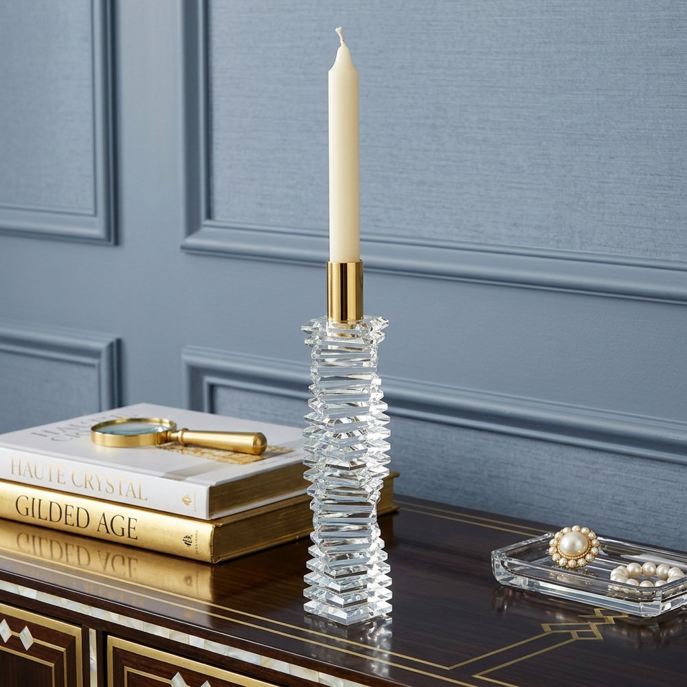 12" Clear And Gold Twisted Crystal Tabletop Taper Candlestick HomeRoots
