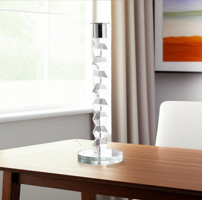 11" Clear And Silver Geo Stacks Crystal Tabletop Taper Candlestick HomeRoots