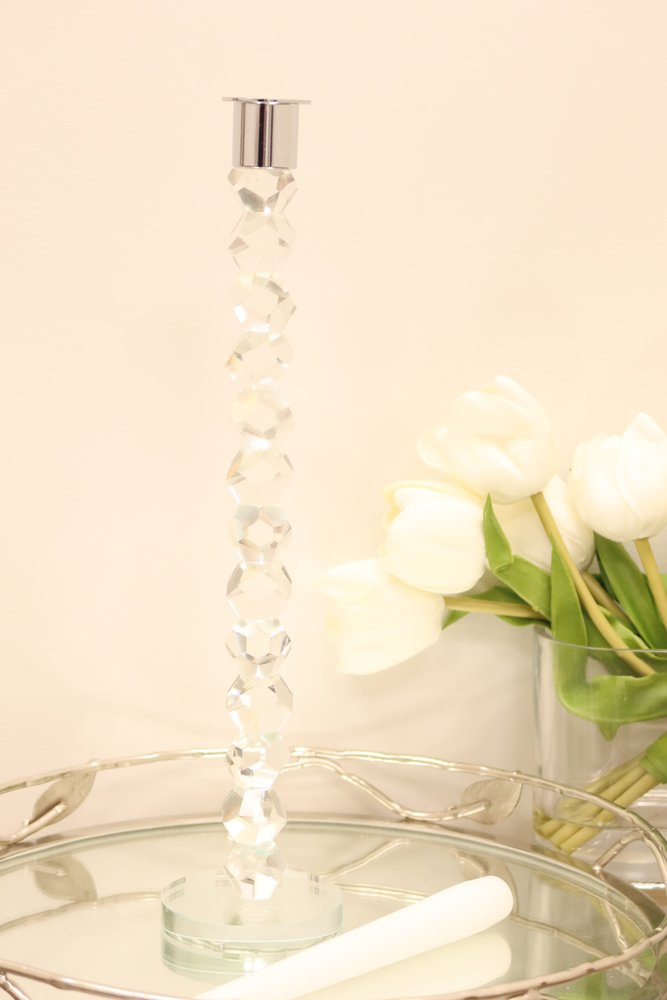 11" Clear And Silver Geo Stacks Crystal Tabletop Taper Candlestick HomeRoots