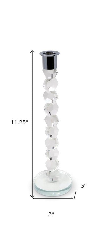 11" Clear And Silver Geo Stacks Crystal Tabletop Taper Candlestick HomeRoots
